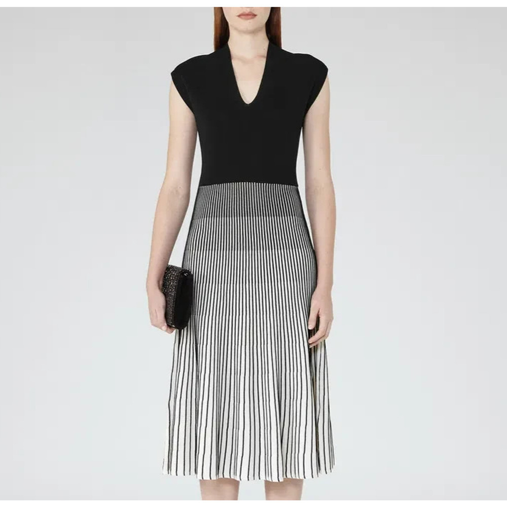 Reiss Cedrica Plisse Midi Dress Size 2 Black & White Stretch Chic Career Dinner - Picture 10 of 10